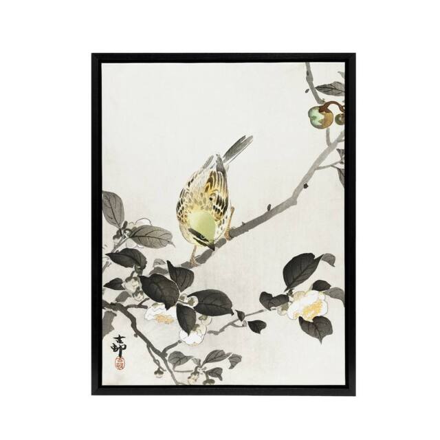 "Artery8 Bunting On Blossom Branch Framed Canvas Wall Art Print Ohara Koson in Grey - Size: W12"" x H16""" - image 1