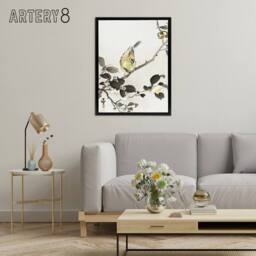 "Artery8 Bunting On Blossom Branch Framed Canvas Wall Art Print Ohara Koson in Grey - Size: W12"" x H16""" - thumbnail 3
