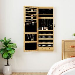 Berkfield Home Mirror Jewellery Cabinet with LED Lights Wall Mounted in Brown