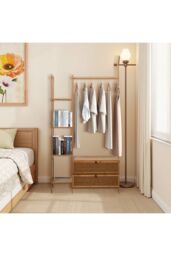 Living and Home Freestanding Bamboo Clothes Rack Garment Rack with Storage Shelves Coat Hanger Hanging Rod in Brown - thumbnail 3
