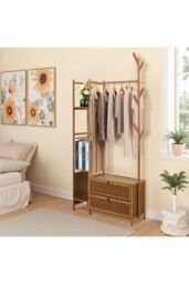 Living and Home Freestanding Bamboo Clothes Rack Garment Rack with Storage Shelves Coat Hanger Hanging Rod in Brown