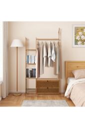 Living and Home Freestanding Bamboo Clothes Rack Garment Rack with Storage Shelves Coat Hanger Hanging Rod in Brown - thumbnail 2