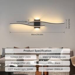 COMELY Indoor Wall Lights, Black Modern LED Wall Lights 27W, Warm White 3000K - thumbnail 7