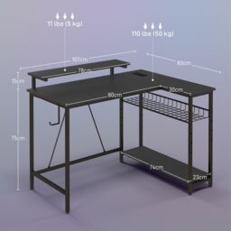 HOMCOM L Shaped Desk with LED Lights & Storage, Black - thumbnail 3