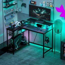 HOMCOM L Shaped Desk with LED Lights & Storage, Black - thumbnail 1