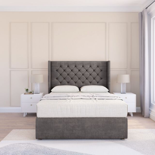 "Sloomy Dior Naples Wingback Bed Set, No Drawers & 54"" Floor Standing Headboard in Dark Grey - Size: Super King" - image 1