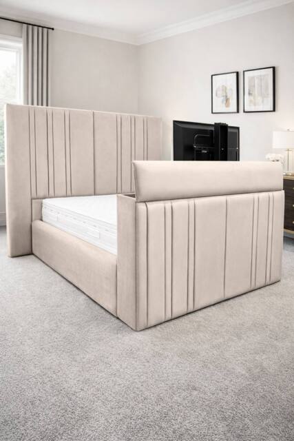 PARADISE BEDS LTD Smart Screen Velvet Upholstered Smart TV Bed Frame - Plush Velvet in Cream - Size: King - image 1