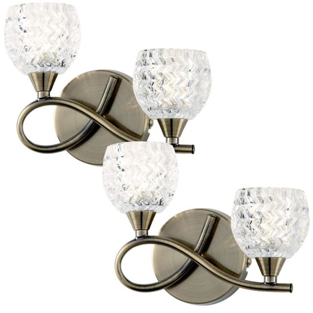 Loops 2 PACK LED Twin Wall Light Twist Arm Antique Brass Glass Pattern Dimming Lamp in Clear - image 1