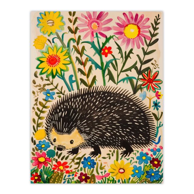 "Artery8 Hedgehog in Wildflower Garden Folk Art Painting Wall Art Print - Size: W12"" x H16""" - image 1