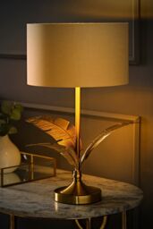 ValueLights Christina Fabric with Metallic Gold Inner Drum Shade Gold Palm Leaf Table Lamp in Natural - thumbnail 2