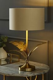 ValueLights Christina Fabric with Metallic Gold Inner Drum Shade Gold Palm Leaf Table Lamp in Natural