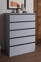FWStyle Lania Ripple Effect Dark Grey 5 Drawer Bedside Chest Table (H) 100 (W) 70 (D) 40cm - thumbnail 1