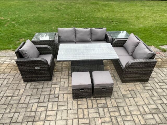 Fimous Rattan Outdoor Furniture Garden Dining Set Patio Height Adjustable Rising lifting Table Reclining Chair Sofa With 2 Small Footstools - image 1