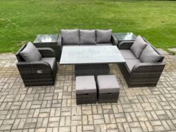 Fimous Rattan Outdoor Furniture Garden Dining Set Patio Height Adjustable Rising lifting Table Reclining Chair Sofa With 2 Small Footstools - thumbnail 1