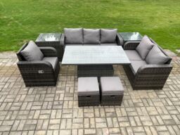 Fimous Rattan Outdoor Furniture Garden Dining Set Patio Height Adjustable Rising lifting Table Reclining Chair Sofa With 2 Small Footstools - thumbnail 2