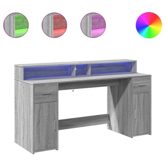 Berkfield Home Desk with LED Lights Grey Sonoma 160x55x91 cm Engineered Wood - Size: 160 x 55 x 91 cm - image 1