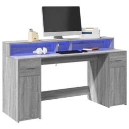 Berkfield Home Desk with LED Lights Grey Sonoma 160x55x91 cm Engineered Wood - Size: 160 x 55 x 91 cm - thumbnail 2