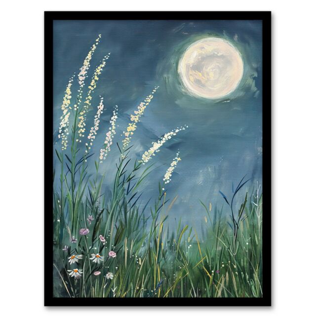"Artery8 Wildflowers Under a Full Moon Floral Oil Painting Framed Art Print in Blue - Size: W12"" x H16""" - image 1
