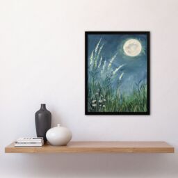 "Artery8 Wildflowers Under a Full Moon Floral Oil Painting Framed Art Print in Blue - Size: W12"" x H16""" - thumbnail 4
