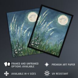 "Artery8 Wildflowers Under a Full Moon Floral Oil Painting Framed Art Print in Blue - Size: W12"" x H16""" - thumbnail 2