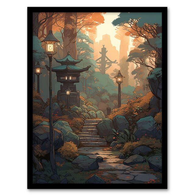 Artery8 Wall Art Print Traditional Japan Garden Painting Path with Stone Lanterns Orange Green Pastel Colour Autumn Sunset Landscape Art Framed - image 1