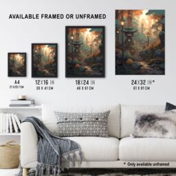 Artery8 Wall Art Print Traditional Japan Garden Painting Path with Stone Lanterns Orange Green Pastel Colour Autumn Sunset Landscape Art Framed - thumbnail 3