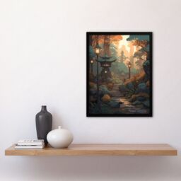 Artery8 Wall Art Print Traditional Japan Garden Painting Path with Stone Lanterns Orange Green Pastel Colour Autumn Sunset Landscape Art Framed - thumbnail 4