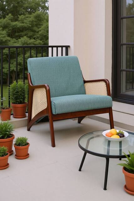 Green Corduroy Armchair with Rattan Armrest