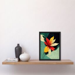 Artery8 Abstract Flowers Teal Red Yellow Artwork Framed Wall Art Print A4 in Black - thumbnail 2
