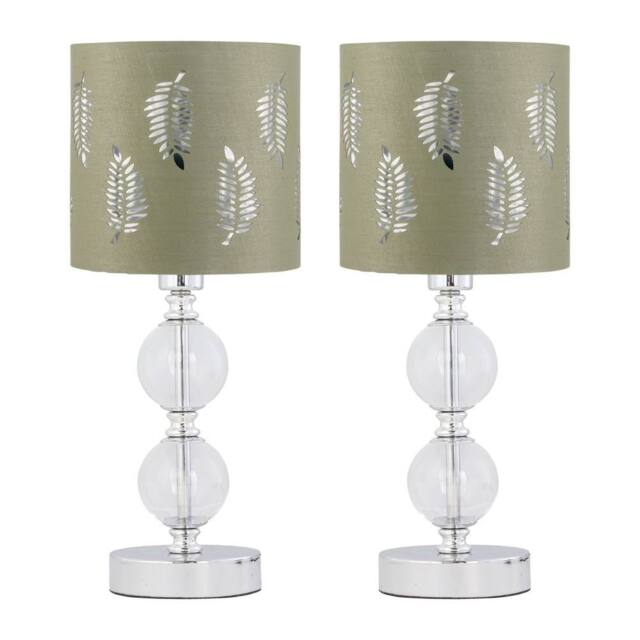 First Choice Lighting Set of 2 Chrome Two Ball Table Lamps with Sage Green Fern Shades in Silver - image 1