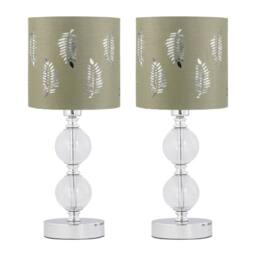 First Choice Lighting Set of 2 Chrome Two Ball Table Lamps with Sage Green Fern Shades in Silver - thumbnail 1