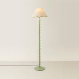 ValueLights Bobbins Sage Green Floor Lamp with Tapered Linen Scallop Shade & LED Bulb in Pale Green - thumbnail 3