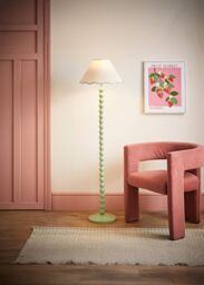 ValueLights Bobbins Sage Green Floor Lamp with Tapered Linen Scallop Shade & LED Bulb in Pale Green