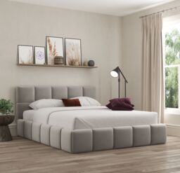 DS Living Ovella Cubed Upholstered Plush Pebble Bed with Ottoman Gas Lift in Light Grey - Size: King - thumbnail 1