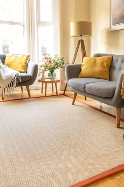 Kukoon Natural Golden Beige Jute Micro Woven Herringbone Pattern Cotton Border Area Rug in Terracotta - Size: 80 cm x 150 cm - image 1
