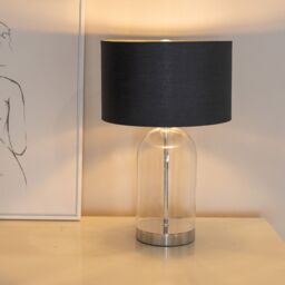 ValueLights Jessy Glass with Silver Trim Table Lamp with Fabric Drum with Chrome Inner Shade in Black