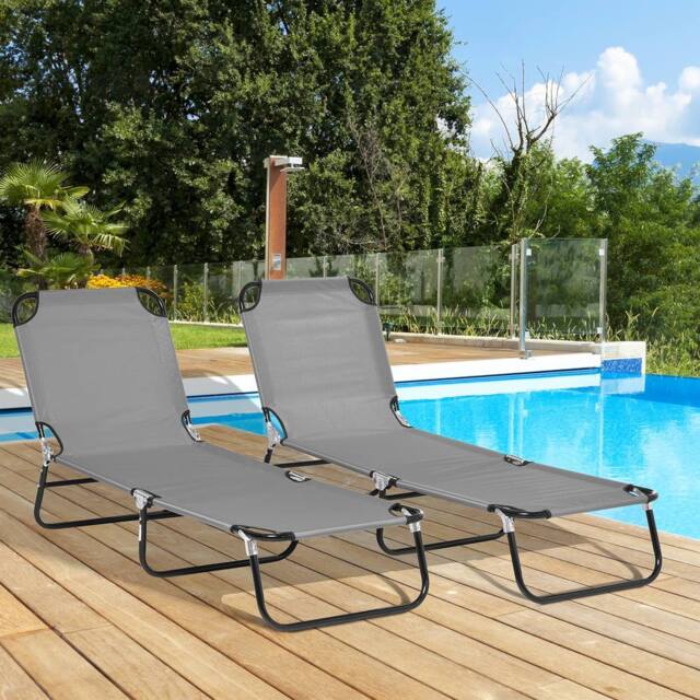 OUTSUNNY Folding Sun Loungers Set of 2 with Adjustable Backrest, Dark Grey - image 1