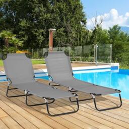 OUTSUNNY Folding Sun Loungers Set of 2 with Adjustable Backrest, Dark Grey - thumbnail 1