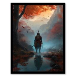 Artery8 Wall Art Print Samurai Guardian Concept Painting Mythical Kingdom Warrior in O-yoroi Armour Prepared for Battle in Foggy Autumn Forest - thumbnail 1