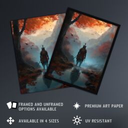 Artery8 Wall Art Print Samurai Guardian Concept Painting Mythical Kingdom Warrior in O-yoroi Armour Prepared for Battle in Foggy Autumn Forest - thumbnail 2