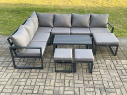 Fimous Aluminum 9 Seater Outdoor Lounge Corner Sofa Set Garden Furniture Sets with Oblong Coffee Table 3 Footstools Dark Grey - thumbnail 2