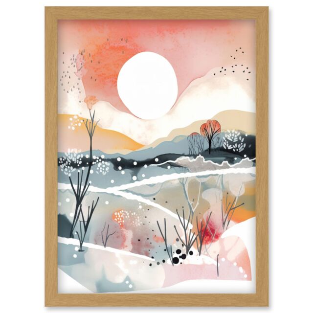 Artery8 Sunset in Winter Landscape Boho Modern Folk Art Artwork Framed Wall Art Print A4 in Light Oak - image 1