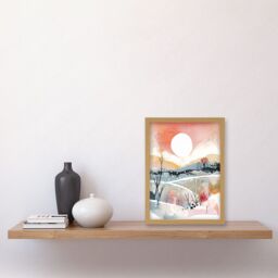 Artery8 Sunset in Winter Landscape Boho Modern Folk Art Artwork Framed Wall Art Print A4 in Light Oak - thumbnail 2