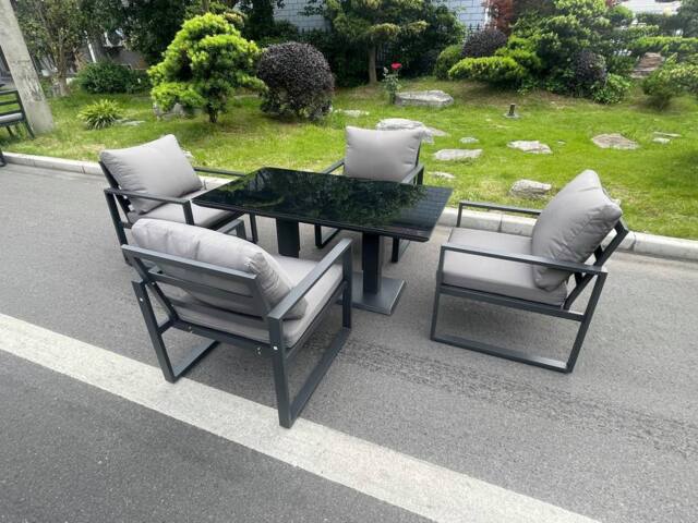 Fimous Aluminum Garden Furniture Dining Set Adjustable Rising Lifting Table & Chairs Patio Outdoor 4 Seat Plus Black Tempered Glass Dark Grey - image 1