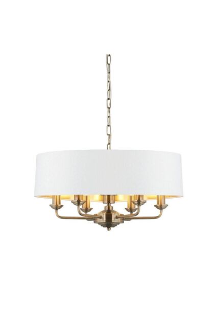 Netlighting Highclere Single Shade Pendant Ceiling Lamp Antique Brass Plate Vintage White Fabric in Gold - image 1