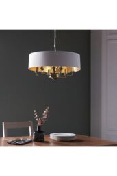 Netlighting Highclere Single Shade Pendant Ceiling Lamp Antique Brass Plate Vintage White Fabric in Gold - thumbnail 2