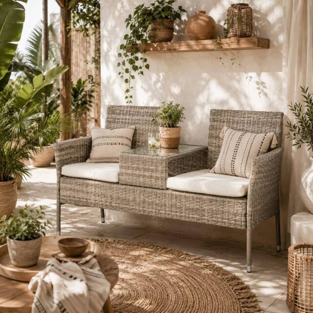 Wyld Haus Hamoba Faux Rattan 2 Seat Garden Chair with Integrated Centre Table in Grey - image 1