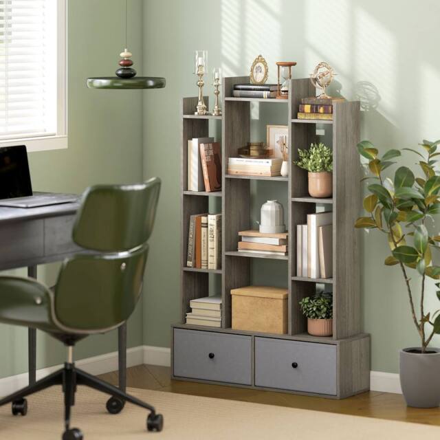 HOMCOM 12-Tier Bookshelf, Bookcase w/ 2 Folding Drawer, Graphite Wood Effect in Grey - Size: 120 cm x 80 cm - image 1