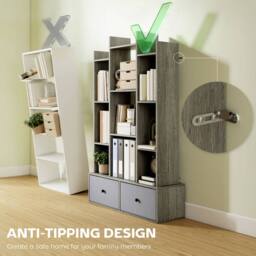 HOMCOM 12-Tier Bookshelf, Bookcase w/ 2 Folding Drawer, Graphite Wood Effect in Grey - Size: 120 cm x 80 cm - thumbnail 5