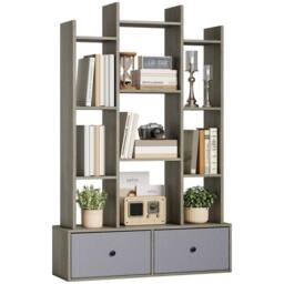 HOMCOM 12-Tier Bookshelf, Bookcase w/ 2 Folding Drawer, Graphite Wood Effect in Grey - Size: 120 cm x 80 cm - thumbnail 2